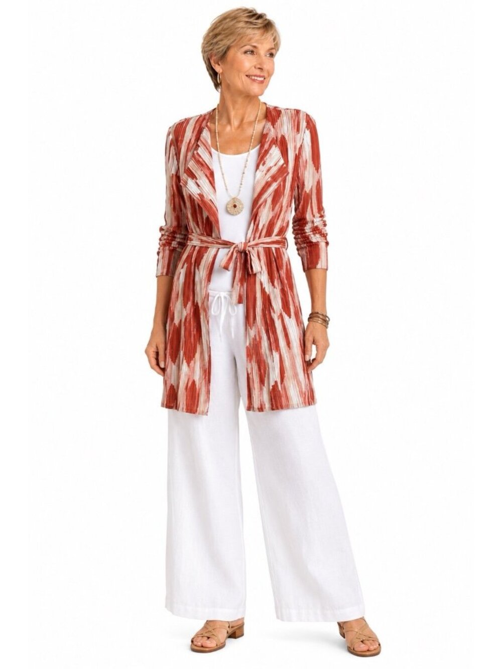 CHICOS TRAVELERS jacket blazer duster crinkle us 12/14 2 belted travel abstract